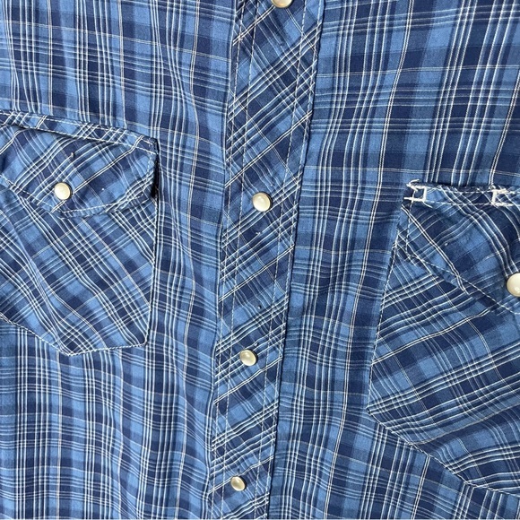 Vintage Wrangler Blue Plaid Pearl Snaps Long Sleeve Lightweight Size Large - Picture 3 of 9